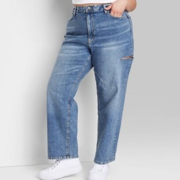 Wild Fable Plus High-Rise 90s Relaxed Straight Slashed Leg Jeans Medium Wash 30 - Picture 4 of 14